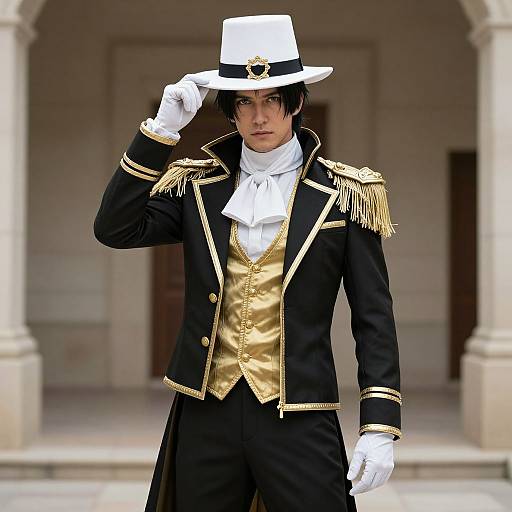 Photorealistic CGI of a young man in a black and gold regency-style outfit, white gloves, and white hat, standing in a colonn