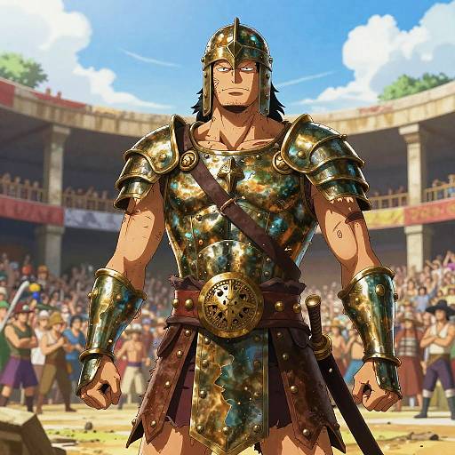 Digital anime-style drawing of a muscular, serious-looking male gladiator with golden armor, black hair, and a stern expression, standing in a crowded arena
