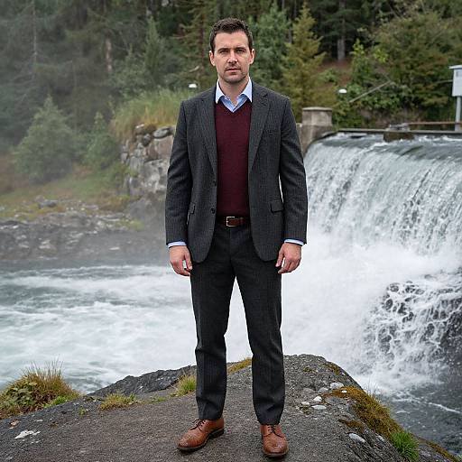 Photograph of a serious man in a dark pinstripe suit, brown shoes, and burgundy sweater standing in front of a cascading waterfall in