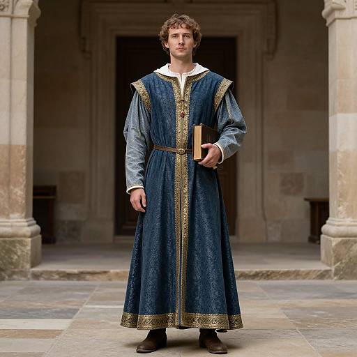 Photograph of a young man with curly brown hair, wearing a blue medieval-style robe with gold trim, holding a book, standing in a stone-column