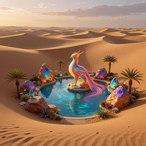 Digital artwork: Vibrant, colorful dragon statue stands in a serene desert oasis pool, surrounded by glowing crystals, palm trees, and sand dunes at