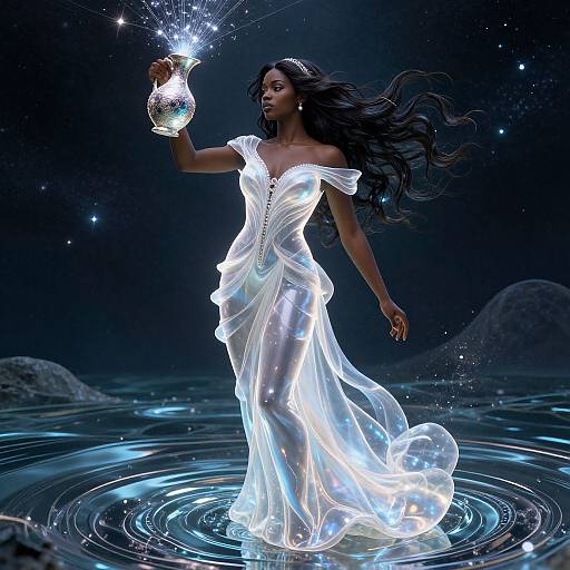 Digital artwork of a glowing, dark-skinned woman in a luminous, off-shoulder white gown, holding a sparkling, glowing pitcher, standing
