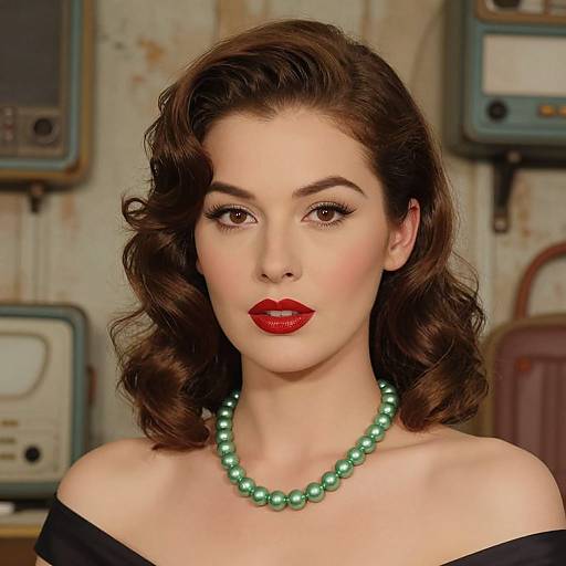 Photograph of a fair-skinned woman with wavy brown hair, red lipstick, green pearl necklace, and black off-shoulder top, set