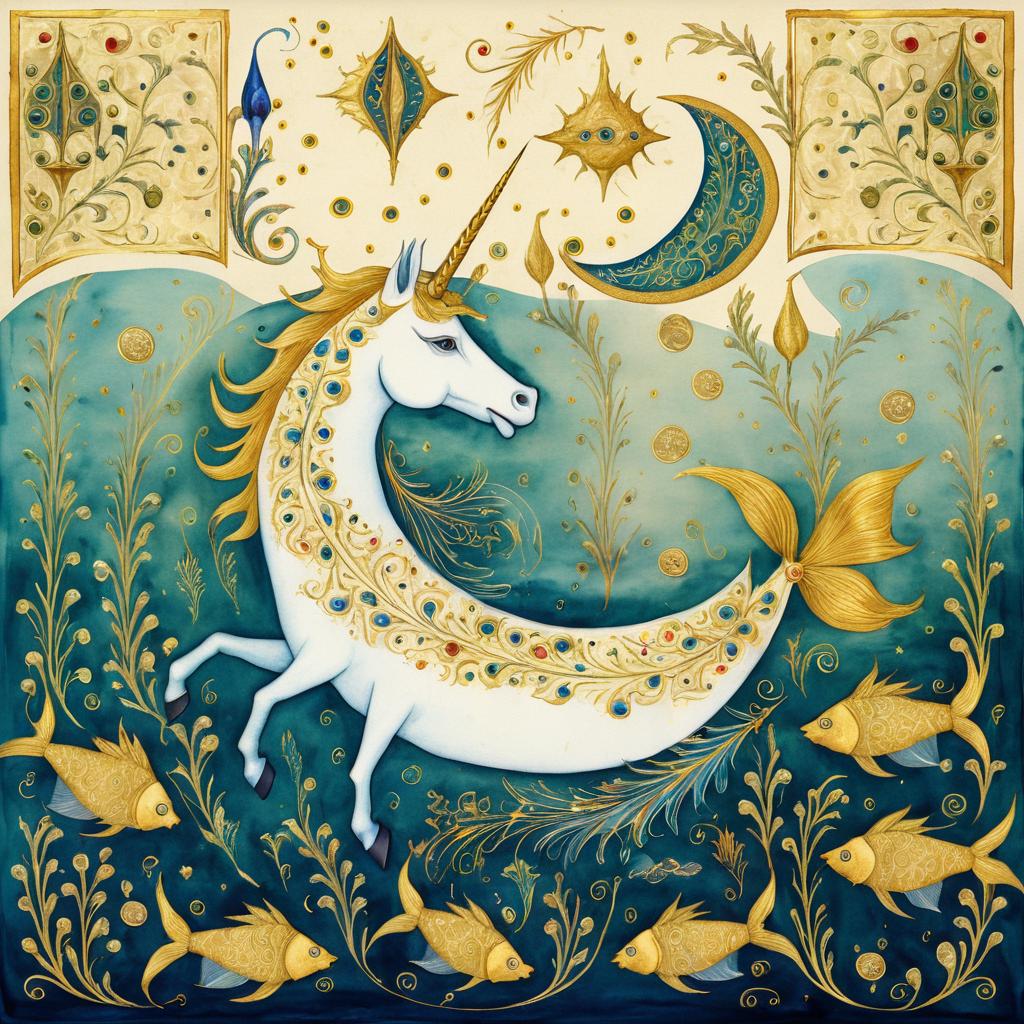 Surreal Unicorn-Fish Hybrid in Manuscript Style