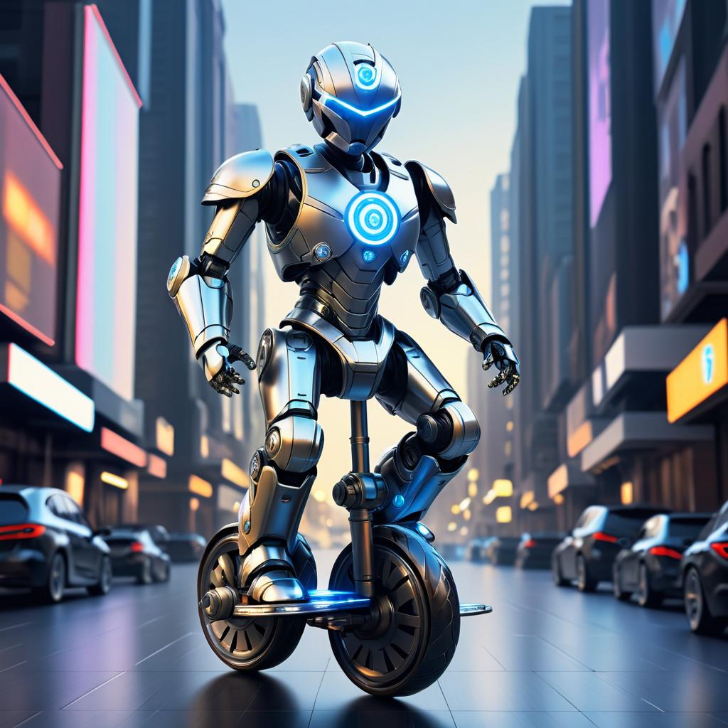 Futuristic Robot on a Unicycle in City