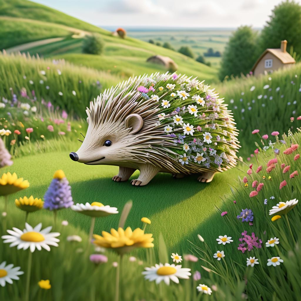 Whimsical Giant Hedgehog in Blooming Countryside