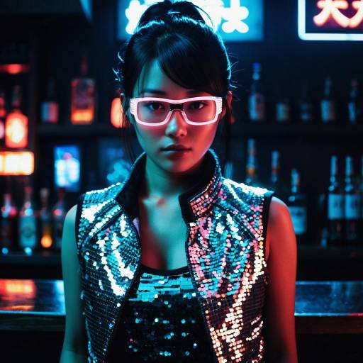 Neon Cyberpunk Asian Woman in Sequined Vest