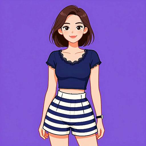 Digital anime-style drawing of a smiling young woman with short brown hair, wearing a navy lace-trimmed crop top and white-blue striped shorts, against