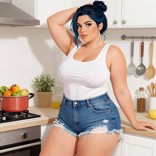 Digital illustration of a curvy, fair-skinned woman with blue hair in a bun, wearing a white tank top and frayed denim shorts, posing