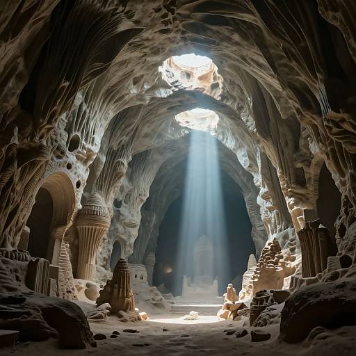 Photorealistic CGI of an ancient, cavernous structure with arched ceilings, lit by sunlight streaming through a central opening. Distant ruins and columns
