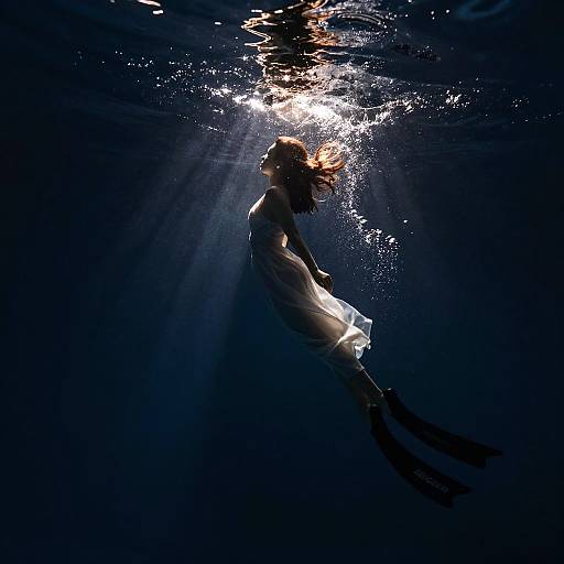 Photograph of a woman with long, flowing hair, wearing a white dress, floating underwater, bathed in sunlight beams. Dark, deep blue background