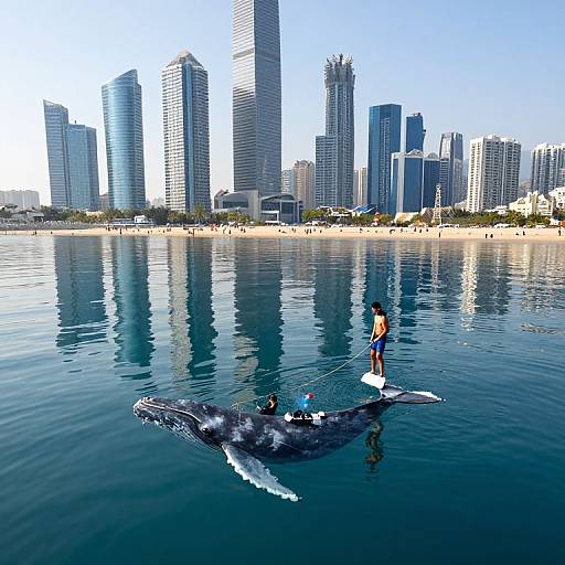 Whales Carry Humans Amid Urban Beach Scene