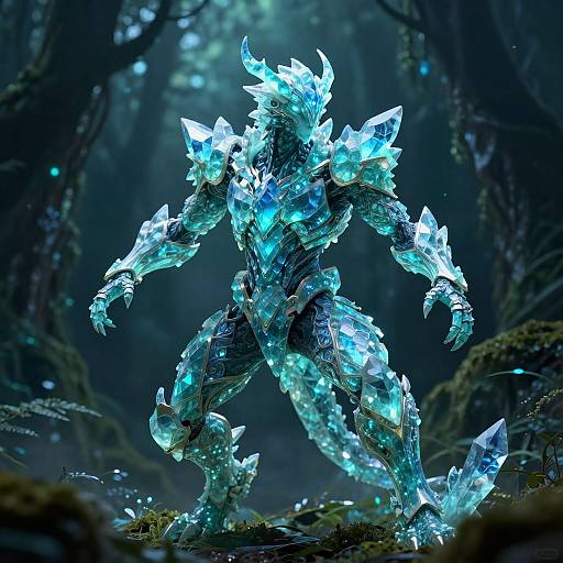 Digital art of a glowing, crystalline humanoid creature with jagged ice armor, standing in a dark, misty forest. Blue, ethereal light
