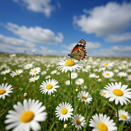 Photograph of a vibrant orange and black butterfly perched on a white daisy with a yellow center, amidst a lush field of similar daisies