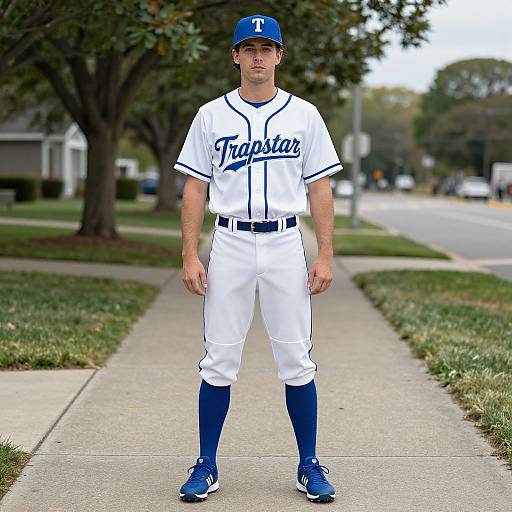 Photograph of a young Caucasian male baseball player standing on a suburban sidewalk, wearing a white 