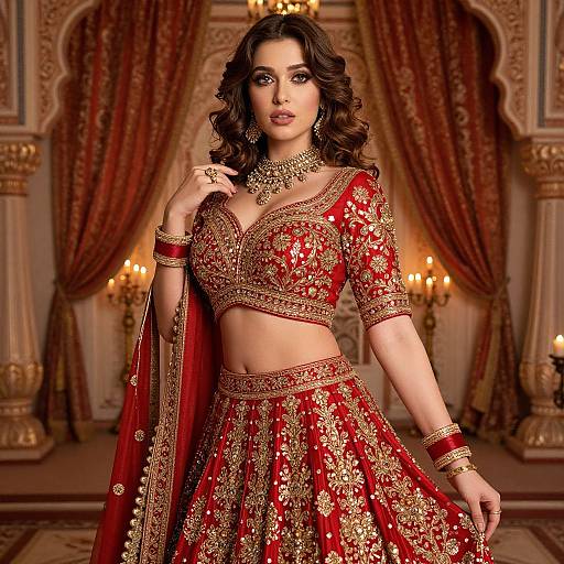 Photograph of a beautiful South Asian woman in an elaborate red and gold traditional lehenga and choli, adorned with intricate embroidery, standing in an op