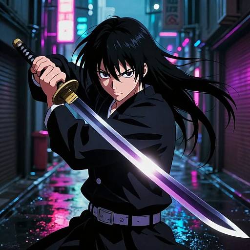 Digital anime-style drawing of a determined black-haired male samurai with glowing sword, neon-lit alleyway background, dark clothing, intense expression.