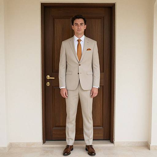 Photograph of a handsome man in a light beige suit, white shirt, orange tie, and brown dress shoes, standing before a dark wooden door.