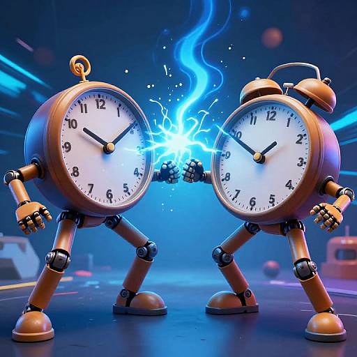 Photorealistic CGI of two robotic alarm clocks with wooden limbs, clashing in the center, emitting a bright blue electric spark.