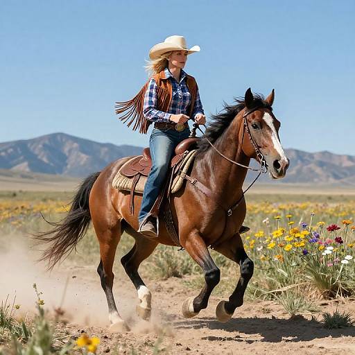 Photograph of a blonde woman in a cowboy hat and plaid shirt riding a brown horse through a colorful, flower-filled desert landscape with mountains in the