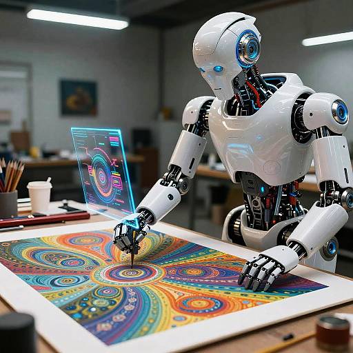 Photograph of a white, futuristic robot with blue lights, drawing vibrant, colorful, swirling patterns on a tablet and paper in an art studio.