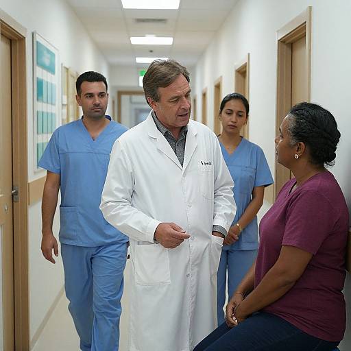 Photograph of a male doctor in a white lab coat speaking with a seated woman in a maroon shirt in a hospital hallway, flanked by two