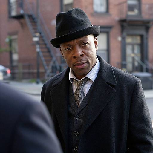 Photograph of a Black man in a black fedora, dark three-piece suit, and textured tie, standing on a city street with red brick buildings