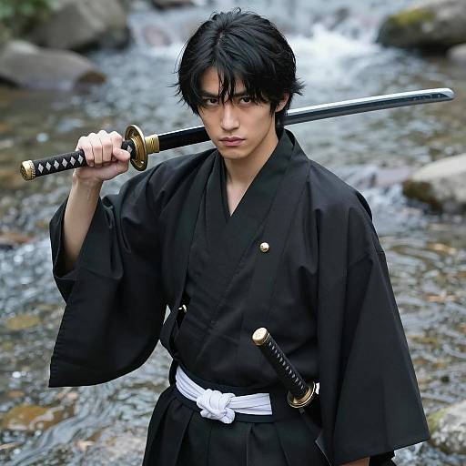 Young Japanese Man in Black Kimono with Katana