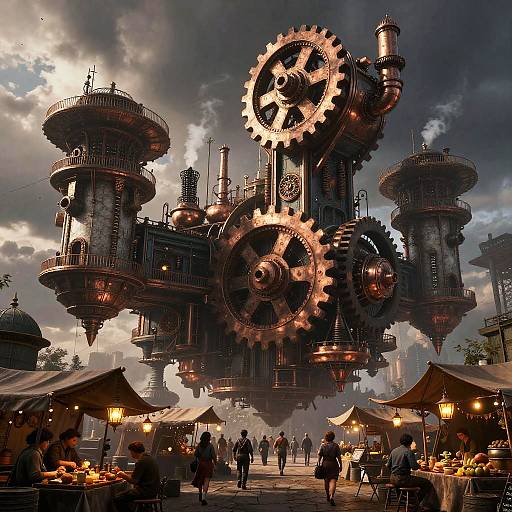 Steampunk Floating Cityscape with Market