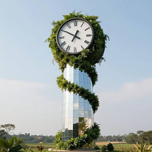 Photograph of a tall, modern clock tower with a white clock face, black numbers, and vines covering its reflective glass panels, set against a clear