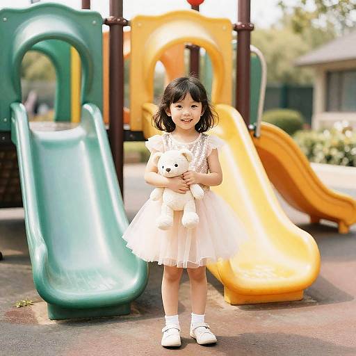 Photograph of a smiling young Asian girl with black hair, wearing a white frilled dress and white shoes, holding a teddy bear, standing in