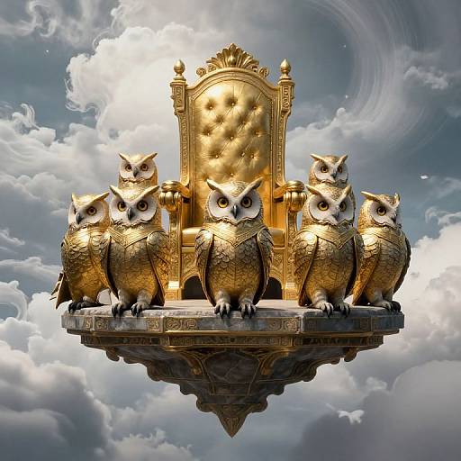 Digital artwork of six golden owls sitting on an ornate, floating throne with a cloudy sky background. The throne has a luxurious, tufted