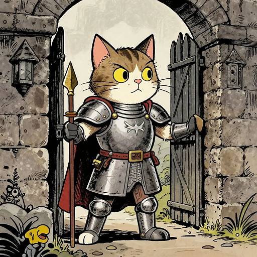Cartoon cat in shiny medieval armor, holding a spear, stands in a stone gateway with a lantern, wearing a red cape.