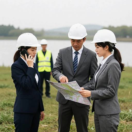 Engineers Reviewing Map Near Lake
