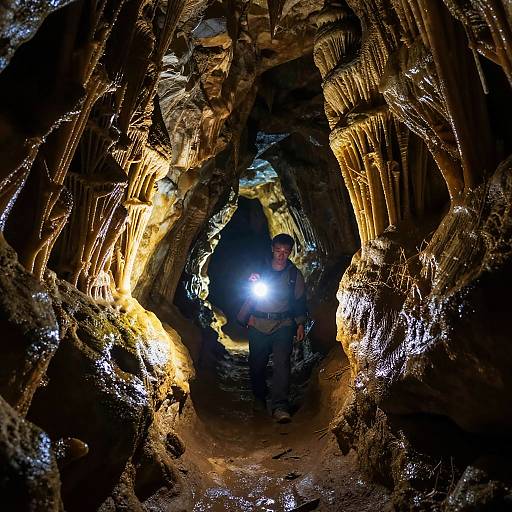 Photograph of a miner with a flashlight, standing in a dark, narrow, ruggedly textured cave with glistening, wet rock walls.