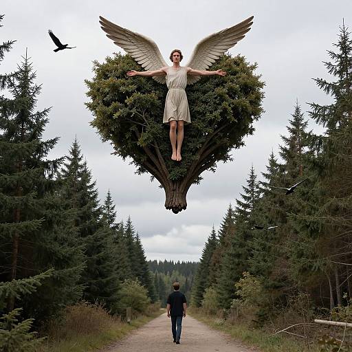 Photograph: Angelic woman with white dress and wings hovers above tree, arms outstretched, above forest path; man walks below, bird