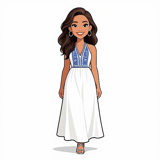 Digital illustration of a smiling, dark-haired woman in a white sleeveless dress with blue embroidered bodice and silver hoop earrings.