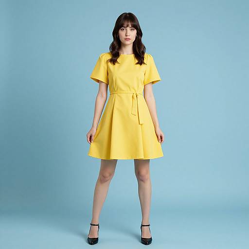 Photograph of a young woman with fair skin and black wavy hair, wearing a bright yellow short-sleeve dress and black high heels, standing