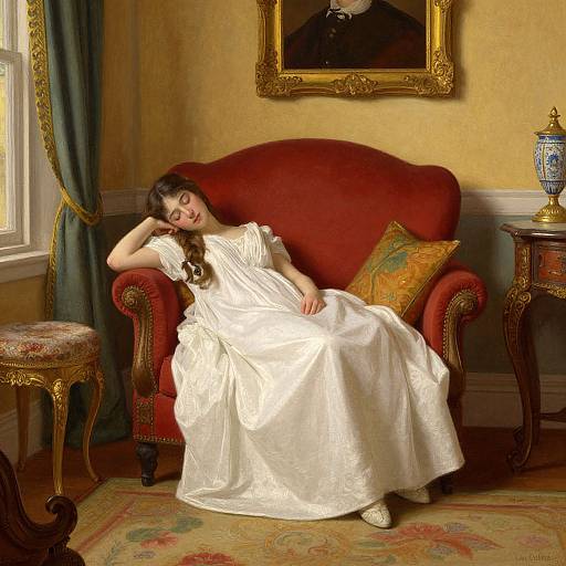 Photograph of a young woman with long brown hair, wearing a white, Victorian-style dress, reclining on a red, ornate armchair in