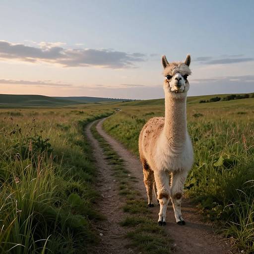 Photograph of a white llama standing on a dirt path in a grassy, open field at sunset, looking directly at the camera.