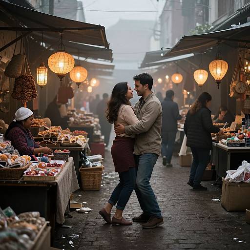 Photograph of a romantic couple dancing in a bustling, dimly-lit night market, surrounded by food stalls, warm lanterns, and blurred shoppers