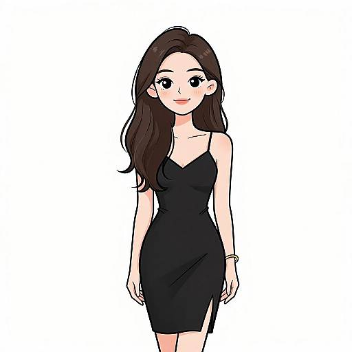 Digital illustration of a smiling woman with long brown hair, wearing a black spaghetti-strap dress, standing against a plain white background.