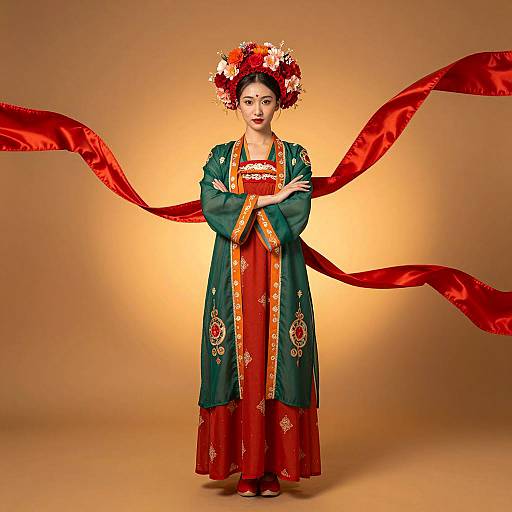 Asian Woman in Traditional Green and Red Dress with Floral Headpiece