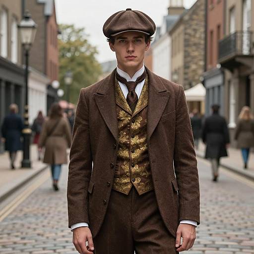 Man in Victorian Steampunk Derby Outfit on Cobblestone Street