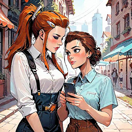 Two Girls Outdoors Looking at Phones