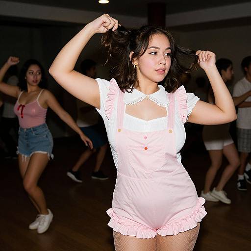 Photograph of a young woman with fair skin and dark hair, wearing a white, ruffled, pastel pink romper, dancing in a dim