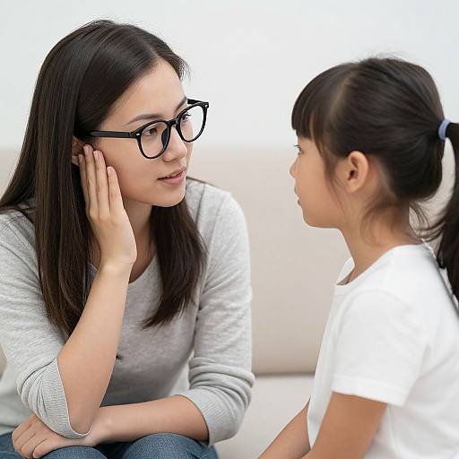 Photograph of an Asian woman with glasses, grey sweater, and jeans, listening attentively to a young Asian girl in a white shirt.