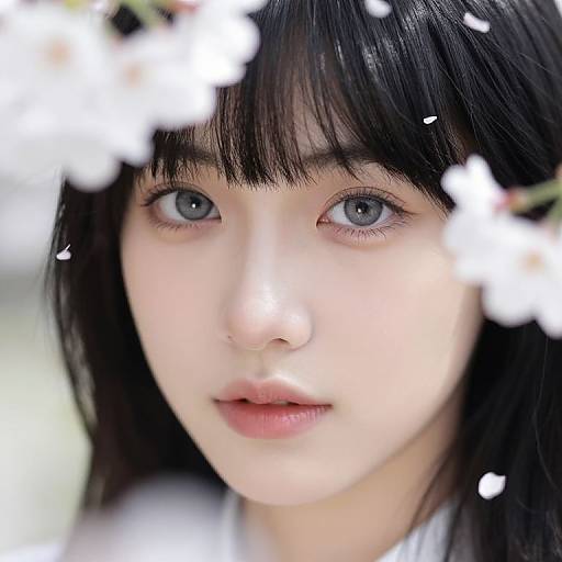 Close-up photograph of an Asian woman with pale skin, black hair, and blue eyes, partially obscured by white cherry blossoms.