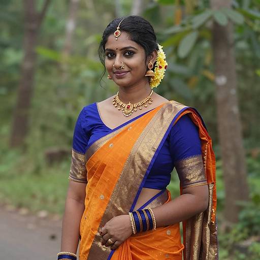 Indian Woman in Traditional Orange and Gold Saree