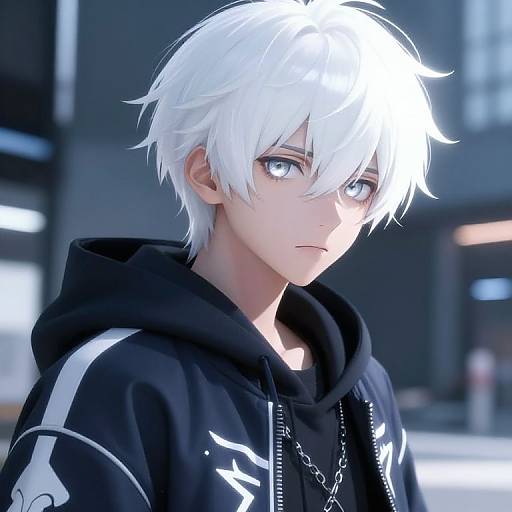 Digital anime-style portrait of a young man with white hair, blue eyes, wearing a black hoodie with white accents, standing in a brightly lit urban background